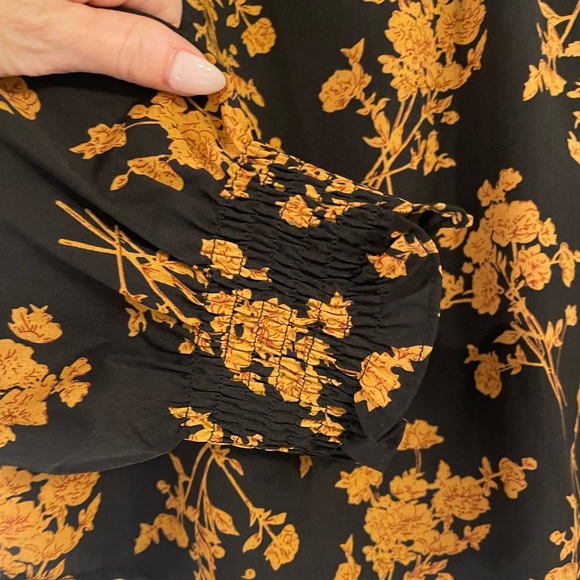 THML Floral Black and Mustard Smocked Mock Neck Women's Blouse, Medium - Picture 3 of 7